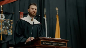 Kansas City Chiefs’ placekicker Harrison Butker speaks to college graduates in his commencement address at Benedictine College on Saturday, May 11, 2024.