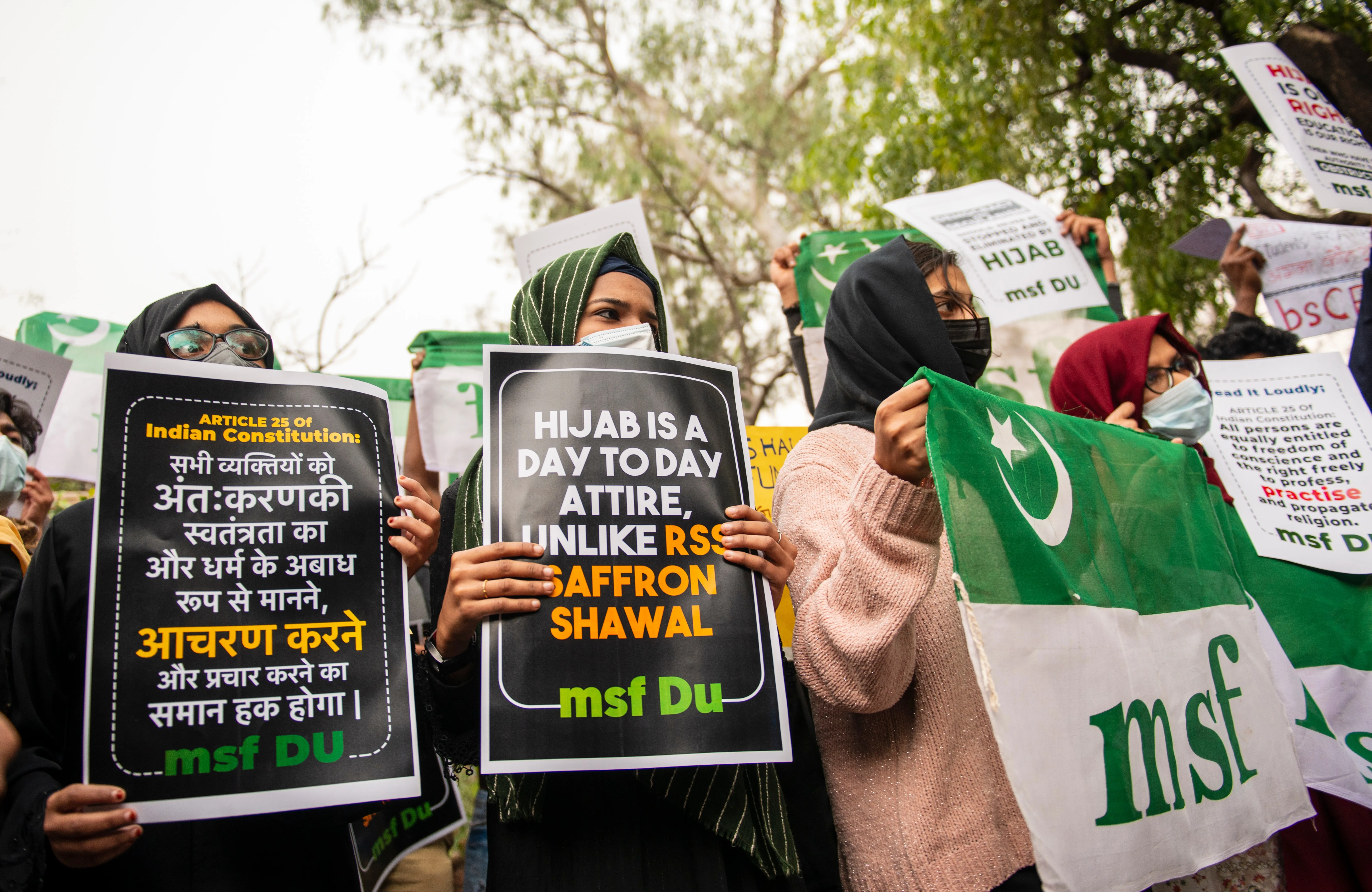 Members of All India Muslim Students Federation protest against the hijab ban in educational institutions by the Karnataka government at Delhi University in New Delhi, India, Feb. 9, 2022.?w=200&h=150