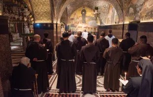 Daily procession of the Franciscan friars of the Custody of the Holy Land (Calvary, Latin Chapel), Church of the Holy Sepulcher, Jerusalem. Oct. 9, 2023. Credit: Marinella Bandini