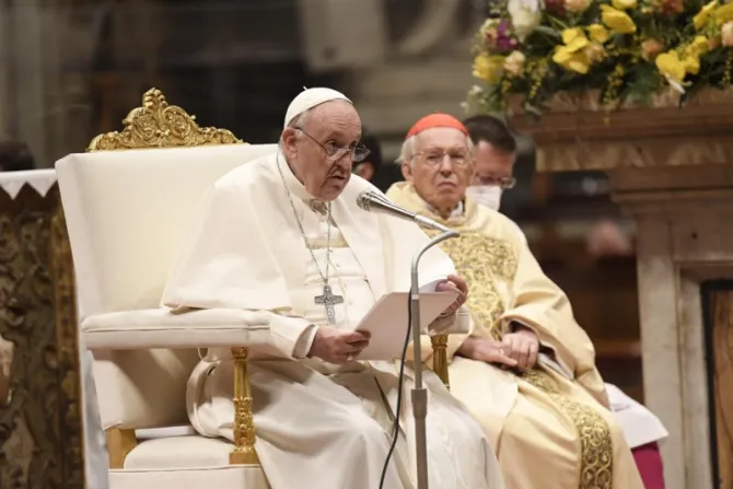Pope Francis gives the homily at the Easter Vigil Mass in St. Peter's Basilica on April 16, 2022.