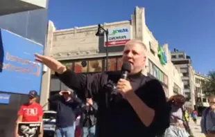 Mark Houck gives a speech at the Men's March in Boston on Oct. 15, 2022. Credit: Screenshot of Facebook Livestream "My Mother Mary"