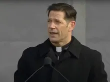 Father Mike Schmitz, the host of the "Bible in a Year" podcast, addresses the crowd at the March for Life rally on the National Mall in Washington, D.C., on Jan. 21, 2022.