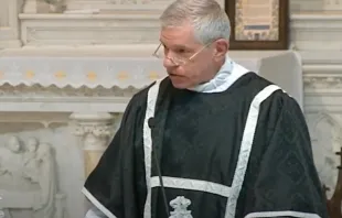 Father James Jackson, FSSP, delivers the homily at the funeral Mass for slain Boulder police officer Eric Talley on March 29, 2021, at the Cathedral Basilica of the Immaculate Conception in Denver. Screenshot of FSSP YouTube video