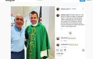 ESPN College basketball analyst Dick Vitale with Father Sebastian Szczawinski, the administrator of Vitale's parish, Our Lady of the Angeles, in Lakewood Ranch, Florida. Screenshot from Instagram post