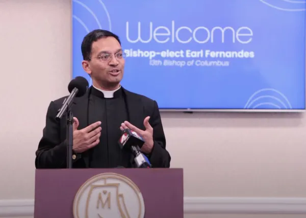 Bishop-elect Earl K. Fernandes addresses the media on April 2, 2022 following the announcement of his appointment by Pope Francis to lead the Diocese of Columbus, Ohio. Screenshot from Diocese of Columbus live stream