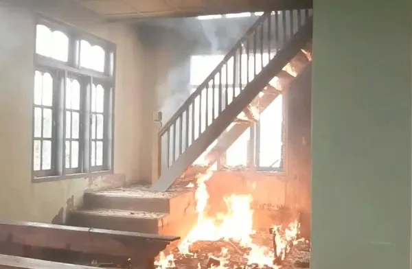Fire burns inside St. Matthew Catholic Church in eastern Myanmar on June 15, 2022. Government soldiers ransacked and set the church on fire, according to the KNDF rebel group. Screenshot from KNDF video