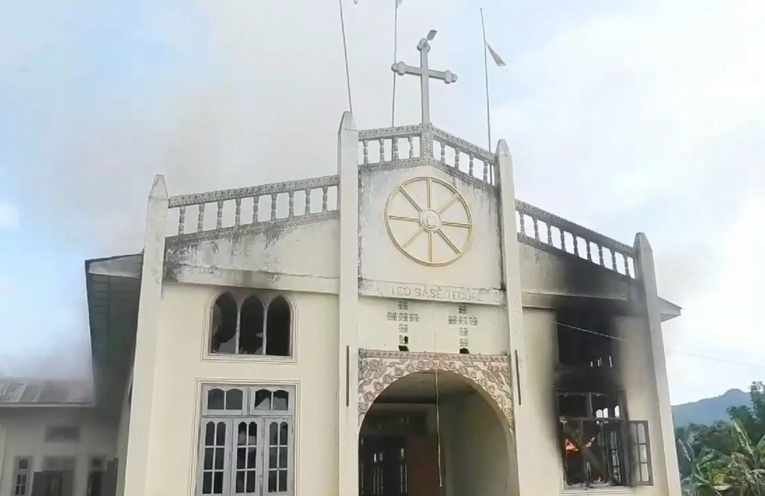 St. Matthew Catholic Church appears gutted by fire, allegedly set by government soldiers, in eastern Myanmar on June 15, 2022.?w=200&h=150