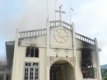 St. Matthew Catholic Church appears gutted by fire, allegedly set by government soldiers, in eastern Myanmar on June 15, 2022.