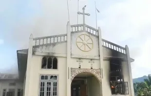 St. Matthew Catholic Church appears gutted by fire, allegedly set by government soldiers, in eastern Myanmar on June 15, 2022. Screenshot from KNDF Facebook video