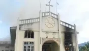 St. Matthew Catholic Church appears gutted by fire, allegedly set by government soldiers, in eastern Myanmar on June 15, 2022.