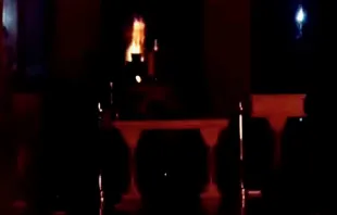 Flames visible inside St. Jane Frances de Chantal Catholic Parish in Bethesda, Maryland, on July 10, 2022. Screenshot from YouTube video