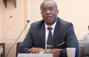 Congolese civil rights attorney Hervé Diakiese Kyungu testifying on July 14, 2022, at a congressional hearing in Washington, D.C. on the use of child labor in China-backed cobalt mines in the Democratic Republic of Congo. Screenshot from YouTube video