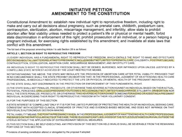 The text of the proposed Reproductive Freedom for All Amendment, with typographical errors highlighted by Citizens to Support MI Women and Children, which opposes the measure.