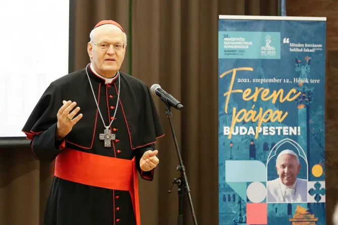Cardinal Péter Erdő at a press conference for the International Eucharistic Congress in Budapest, June 14, 2021