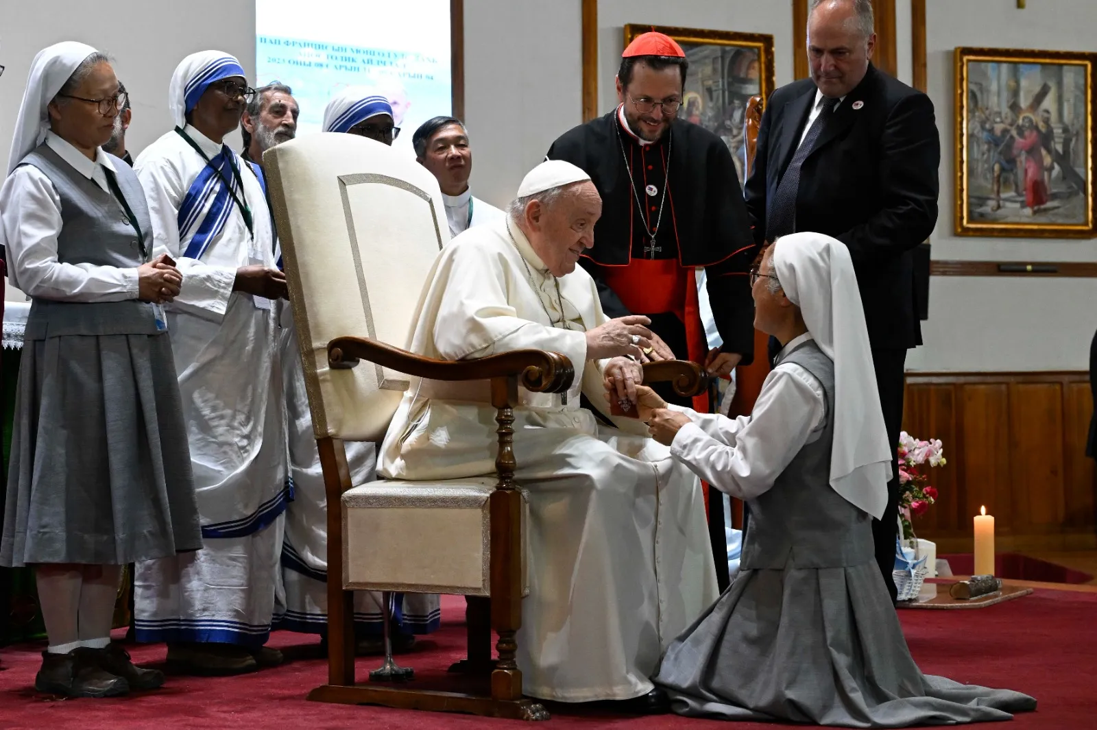 Pope Francis meets with local priests and religious of Mongolia, which includes only 25 priests (19 religious and six diocesan), 33 women religious, and one bishop — Cardinal Giorgio Marengo — in Ulaanbaatar’s Cathedral of Sts. Peter and Paul on Sept. 2, 2023.?w=200&h=150