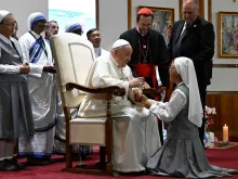 Pope Francis meets with local priests and religious of Mongolia, which includes only 25 priests (19 religious and six diocesan), 33 women religious, and one bishop — Cardinal Giorgio Marengo — in Ulaanbaatar’s Cathedral of Sts. Peter and Paul on Sept. 2, 2023.