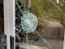 Windows were smashed at St. Louise Catholic Church in Bellevue, Washington, on June 28, 2022.