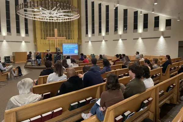 Panelists speak at an Oct. 23, 2023, Catholic-organized anti-death penalty event at Xavier University’s Bellarmine Chapel in Cincinnati. Credit: Catholic Mobilizing Network