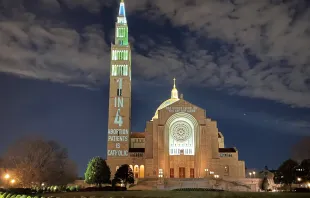 Pro-choice messages projected onto the Basilica of the National Shrine of the Immaculate Conception in Washington, D.C., on Jan. 20, 2022. Catholics for Choice