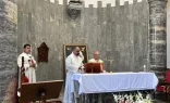 Chaldean Patriarch Cardinal Louis Raphael Sako presides over the dedication ceremony of the altar of the Church of Our Lady of Perpetual Help in Mosul, Iraq. April 5, 2024.