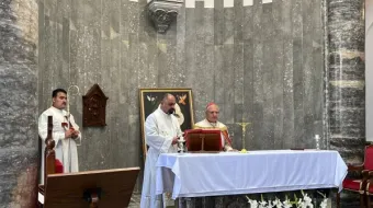 Chaldean Patriarch Cardinal Louis Raphael Sako presides over the dedication ceremony of the altar of the Church of Our Lady of Perpetual Help in Mosul, Iraq. April 5, 2024.