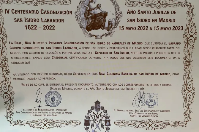 The Archdiocese of Madrid issues an official certificate for pilgrims who participate in the Holy Year of St. Isidore.