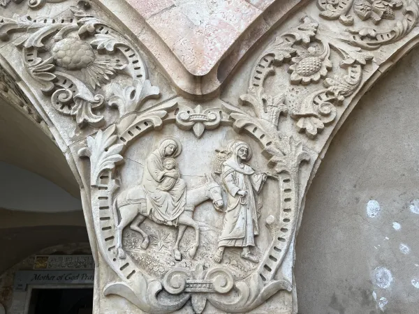 A depiction of the Holy Family on the front of a Catholic church in Bethlehem. Courtney Mares