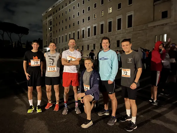 Seminarians at the North American College ahead of the start of the Thanksgiving race on Nov. 24, 2022. Michael Maloney, the winner of the race, is pictured on the far right. Courtney Mares