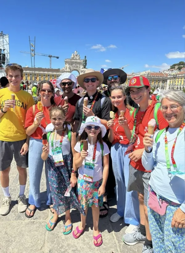 The Love family enjoying gelato with priest friends they ran into while in Lisbon, Portugal, during WYD 2023. Photo credit: Alexis Love