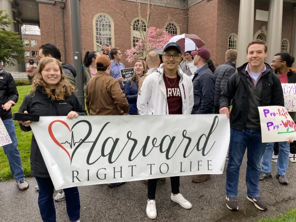 Students from Harvard University's pro-life group, Harvard Right to Life, gathered in Harvard Yard May 4, 2022, in order to show the university that there are pro-life voices on campus. Joe Bukuras/CNA