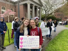 Co-chairs of Harvard Right to Life, Olivia Glunz (right) and Ava Swanson (left) led a pro-life demonstration on Harvard University's campus on May 4, 2022, in response to a pro-abortion rally on campus.