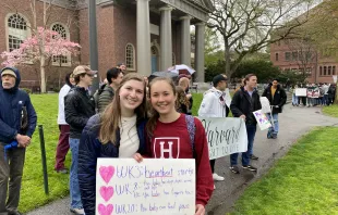 Co-chairs of Harvard Right to Life, Olivia Glunz (right) and Ava Swanson (left) led a pro-life demonstration on Harvard University's campus on May 4, 2022, in response to a pro-abortion rally on campus. Joe Bukuras/CNA