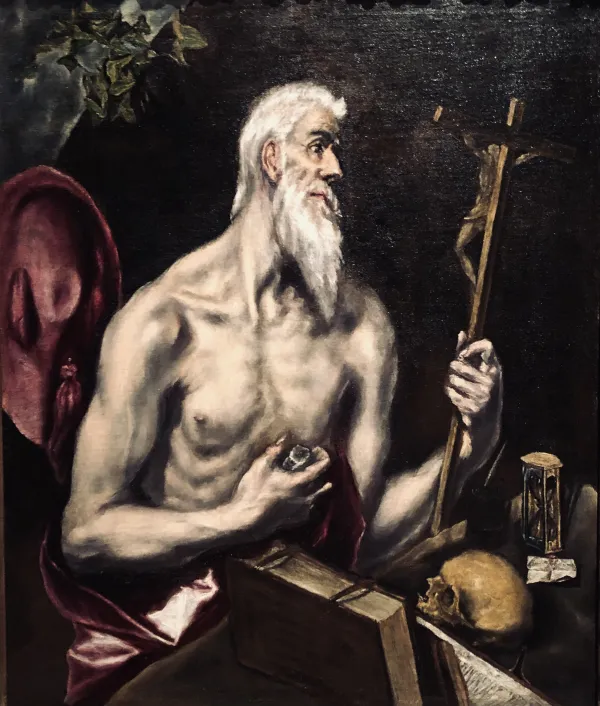 The ascetically spiritual side of Spain is seen in "The Penitent St. Jerome" by El Greco, circa 1600. A less ascetic cardinal's galero is visible behind the saint. The work is on loan from the Hispanic Society of America. Photo by Lucien de Guise