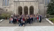 Students participating in the CEDE workshop for St. John's College High School gather for a group photo at the basilica at Catholic University of America in Washington, D.C., in November 2022.