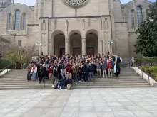 Students participating in the CEDE workshop for St. John's College High School gather for a group photo at the basilica at Catholic University of America in Washington, D.C., in November 2022.
