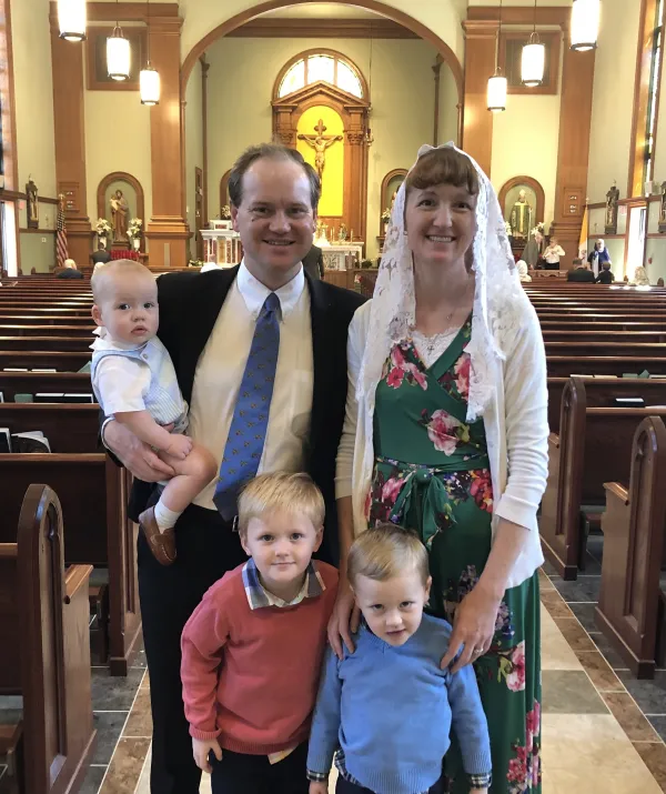 Sean and Jennifer Nelson, of Stafford, Virginia, on Easter Sunday 2022 at St. Patrick Church in Fredericksburg, Virginia, with their three sons: (left to right) Luke, Mark, and Matthew. Courtesy of Sean Nelson