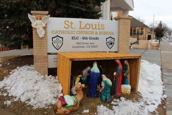 Sign outside St. Louis Catholic Church in Louisville, Colorado on Jan. 8, 2022. The parish has been operating an emergency center to distribute supplies to people in need since the Marshall Fire, which destroyed some 1,000 homes, began on Dec. 30, 2021. Jonah McKeown/CNA