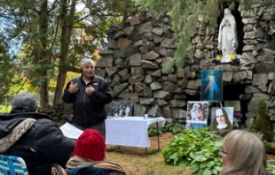 Father Mike Schmitz addresses the crowd at "SEEK First," a preview event put on by the Fellowship of Catholic University Students in St. Louis on Oct. 1, 2022. Jonah McKeown/CNA