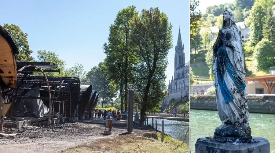 A panoramic view of the burned area and an image of Our Lady affected by a fire at the Lourdes shrine in France, July 11, 2022.?w=200&h=150