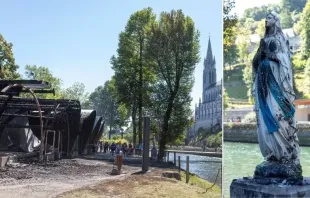A panoramic view of the burned area and an image of Our Lady affected by a fire at the Lourdes shrine in France, July 11, 2022. Credit: Sanctuary of Lourdes