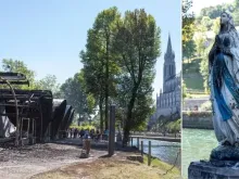 A panoramic view of the burned area and an image of Our Lady affected by a fire at the Lourdes shrine in France, July 11, 2022.