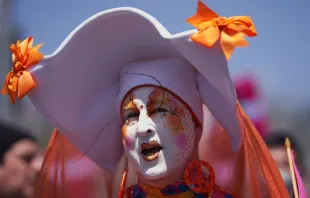 A member of The Sisters of Perpetual Indulgence marches with LGBTQ+ activists during the Los Angeles LGBT Center's "Drag March LA: The March on Santa Monica Boulevard," in West Hollywood, California, on Easter Sunday April 9, 2023. Allison Dinner/AFP via Getty Images