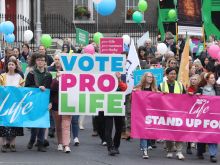 Thousands of pro-life activists participate in the Ireland March for Life on May 6, 2024, marching from St. Stephen’s Green in central Dublin to the Irish Parliament.