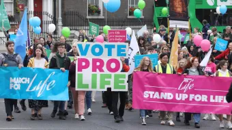 Thousands of pro-life activists participate in the Ireland March for Life on May 6, 2024, marching from St. Stephen’s Green in central Dublin to the Irish Parliament.