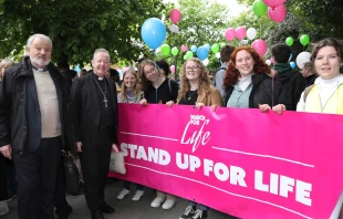 Bishop Kevin Doran of Elphin, chairman of the Irish bishops’ Council for Life (far left), and Archbishop Eamon Martin of Armagh, primate of all Ireland (second from left), stand with young pro-life activists at the 2024 Ireland March for Life in Dublin on May 6, 2024. Credit: Courtesy of Pro Life Campaign