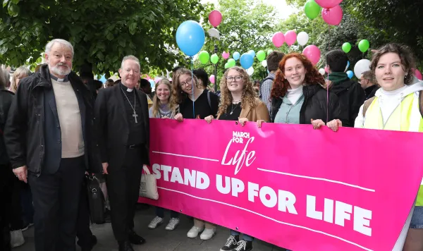 Bishop Kevin Doran of Elphin, chairman of the Irish bishops’ Council for Life (far left), and Archbishop Eamon Martin of Armagh, primate of All Ireland (second from left), stand with young pro-life activists at the 2024 Ireland March for Life in Dublin on May 6, 2024. Credit: Courtesy of Pro Life Campaign