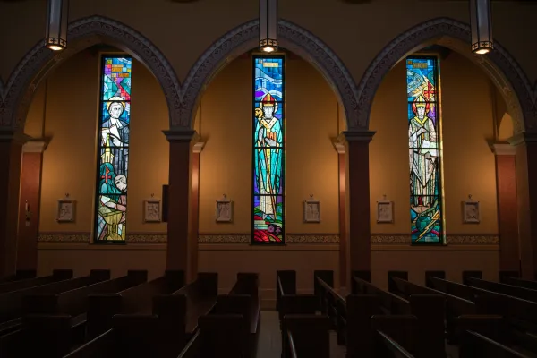 Stained-glass windows in the new St. Isidore's Catholic Student Center. Credit: Jacob Bentzinger