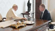 Israeli Ambassador to the Holy See Raphael Schutz meets with Pope Francis on February 2, 2024.