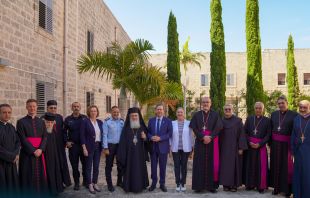 Israeli President Isaac Herzog visits the Stella Maris Monastery in Haifa on Aug. 9, 2023, following attacks by Jewish extremists against the site and other Christian places of worship in Israel. Credit: Latin Patriarchate of Jerusalem