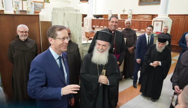 Israeli President Isaac Herzog visits the Stella Maris Monastery in Haifa on Aug. 9, 2023, following attacks by Jewish extremists against the site and other Christian places of worship in Israel. Credit: Latin Patriarchate of Jerusalem